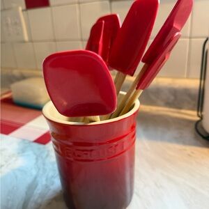 Le Creuset Red Silicone Spatula Set with Bamboo Handles
